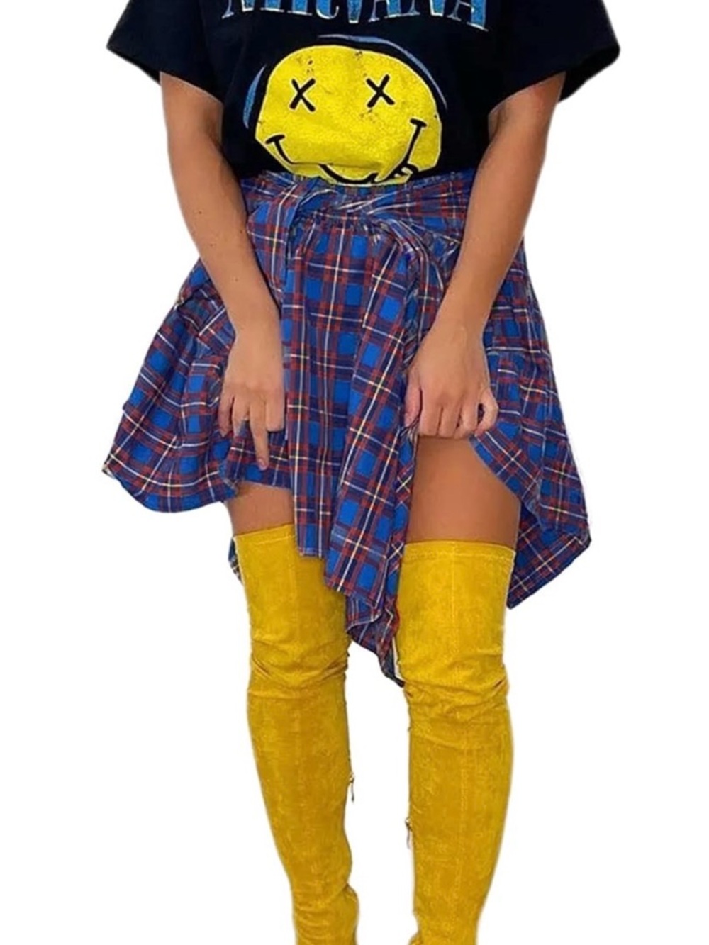 Asymmetrical Plaid Mini Skirt with Front Tie in Blue & Red